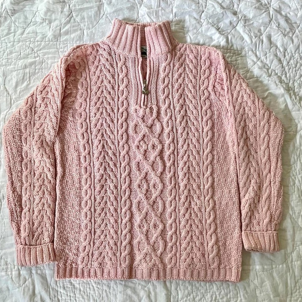 Aran Crafts 100% Merino Pink Wool Fisherman Cableknit Sweater size L